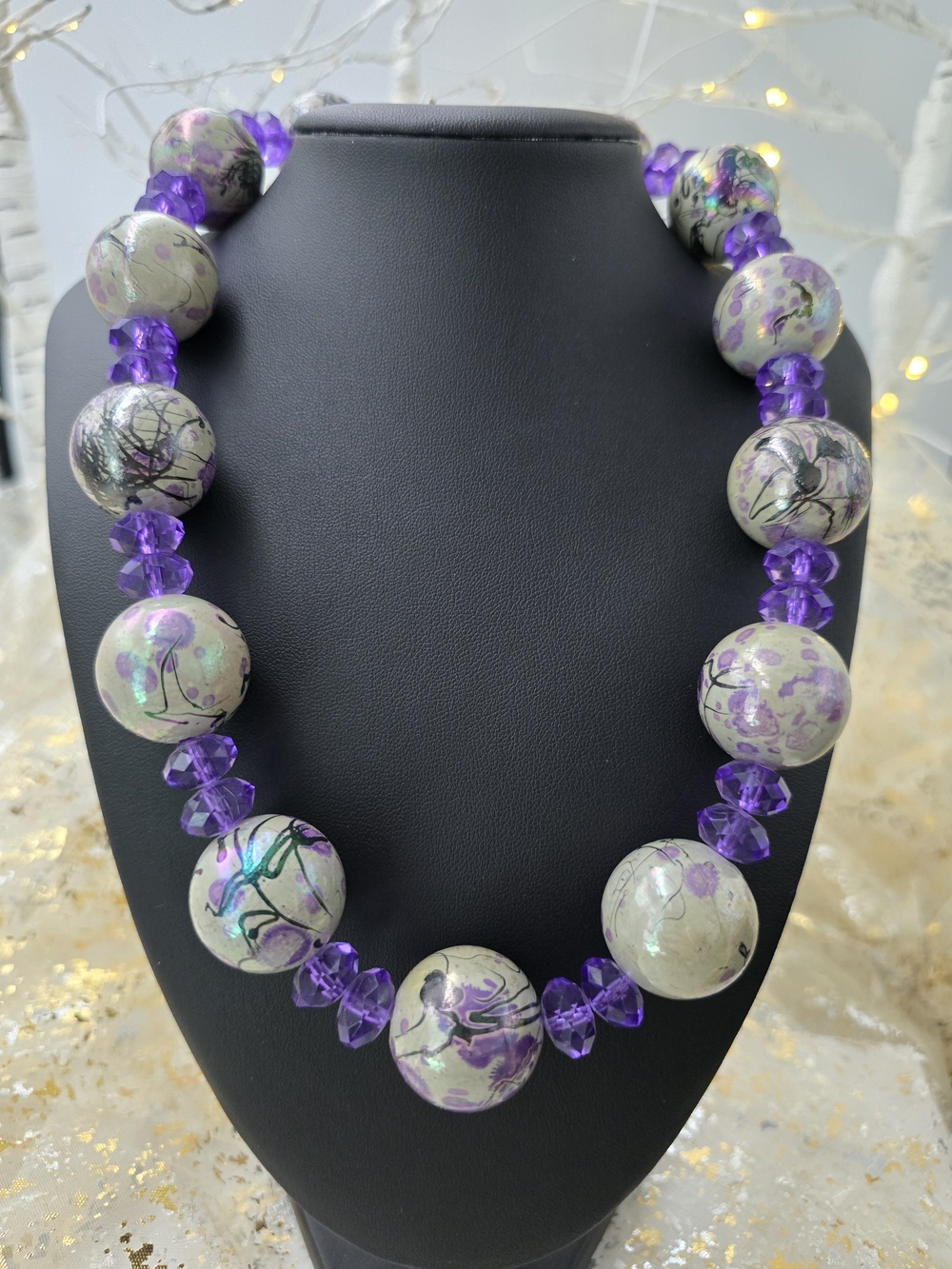 Vintage Plastic Beaded Statement Necklace Purple Grey Silver Tone